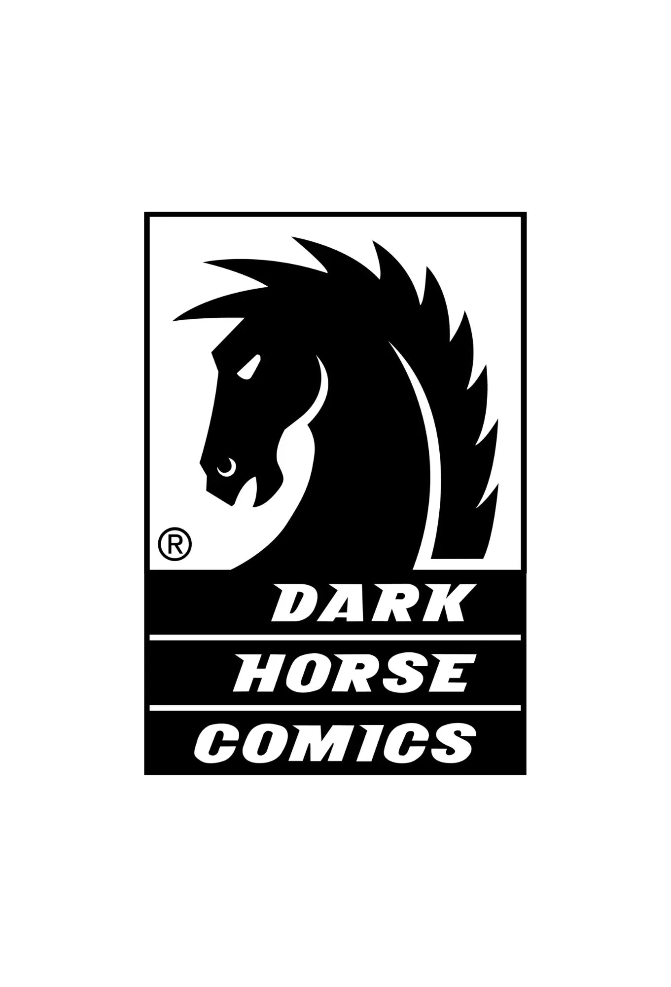 „Dark Horse Comics“ leidyklos logotipas su juodu žirgu baltame fone.
