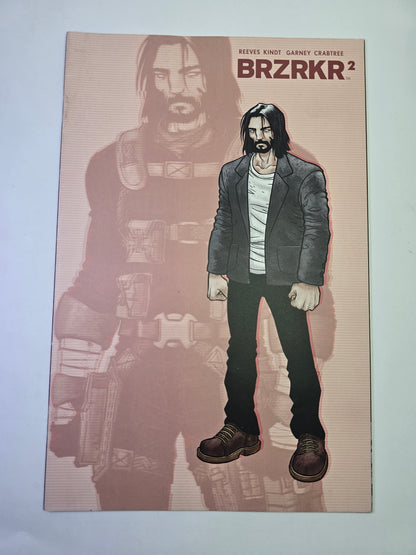 BRZRKR #2 BOOM Studios komikso viršelis su Keanu Reeves personažo iliustracija