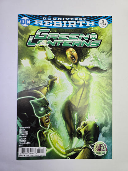 Green Lanterns #3 DC Comics komikso viršelis su atakuojančiu herojumi ir žalia šviesa   