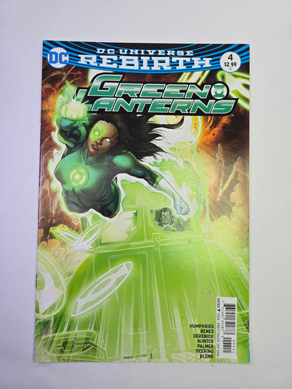 Green Lanterns #4 DC Comics komikso viršelis su Jessica Cruz skriejančia erdvėje   
