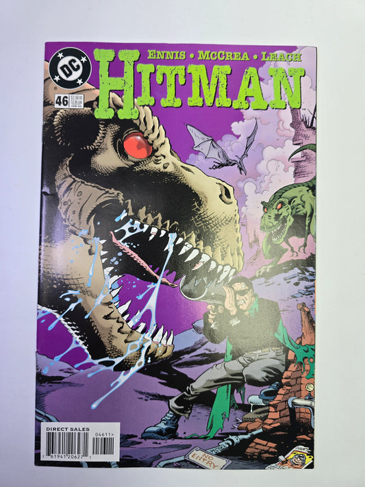 Hitman #46 DC Comics komikso viršelis su dinozauro ir Tommy Monaghan iliustracija   