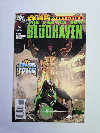 Infinite Crisis Aftermath The Battle for Blüdhaven #5 DC Comics komikso viršelis su Major Force ir Green Lantern