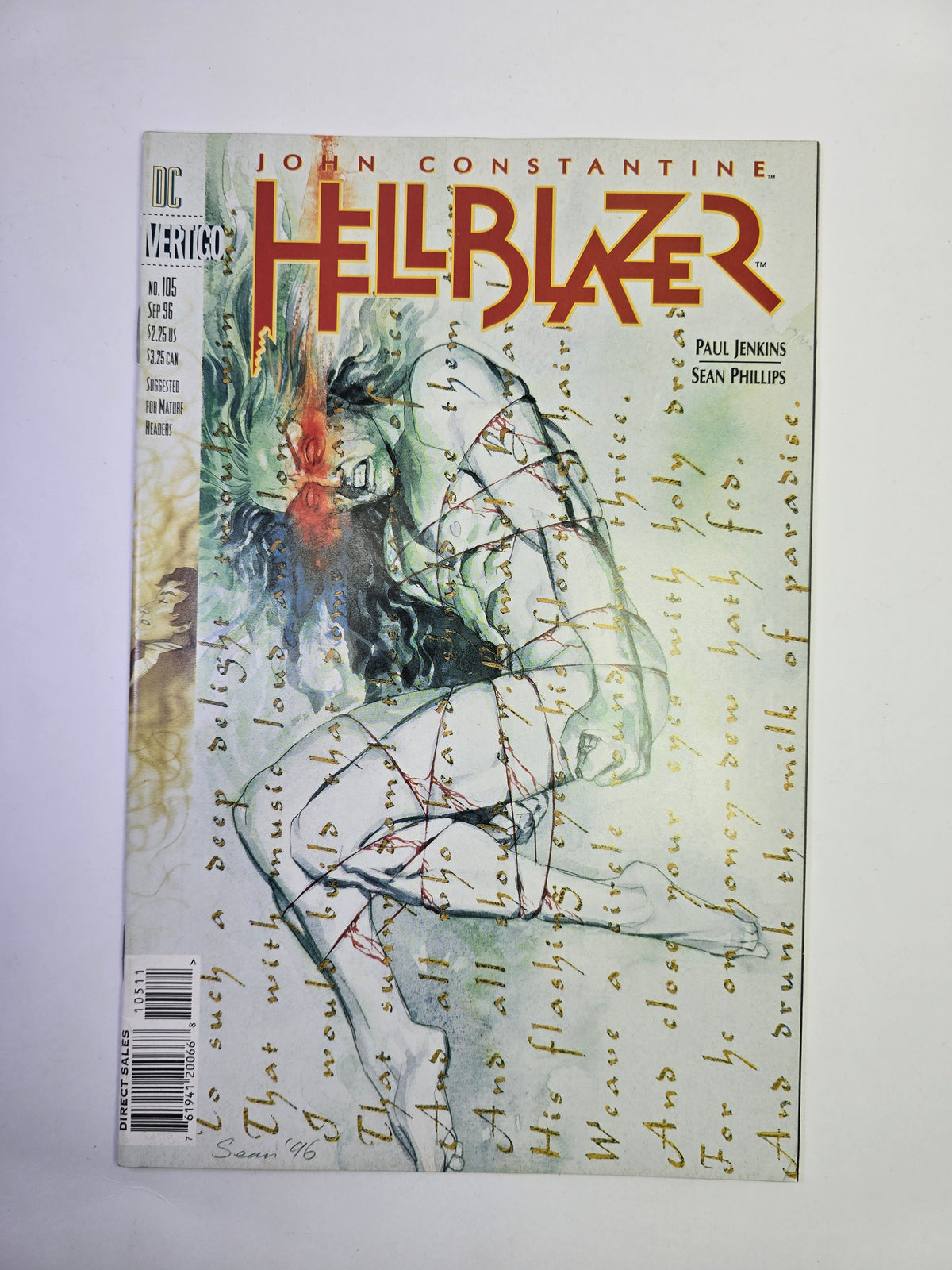 John Constantine Hellblazer #105 Vertigo komikso viršelis su iliustracija ir rankraščio tekstu   