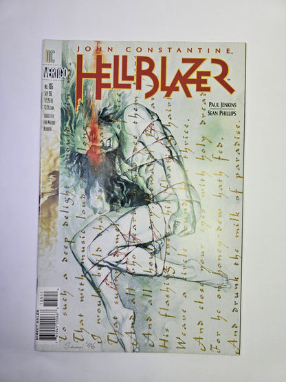 John Constantine Hellblazer #105 Vertigo komikso viršelis su iliustracija ir rankraščio tekstu   