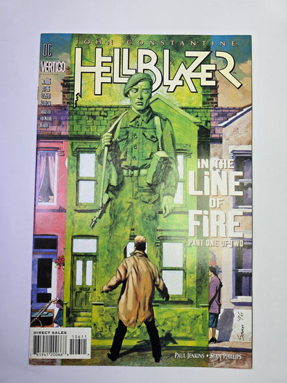 John Constantine Hellblazer #106 Vertigo komikso viršelis su kario ir namo iliustracija
