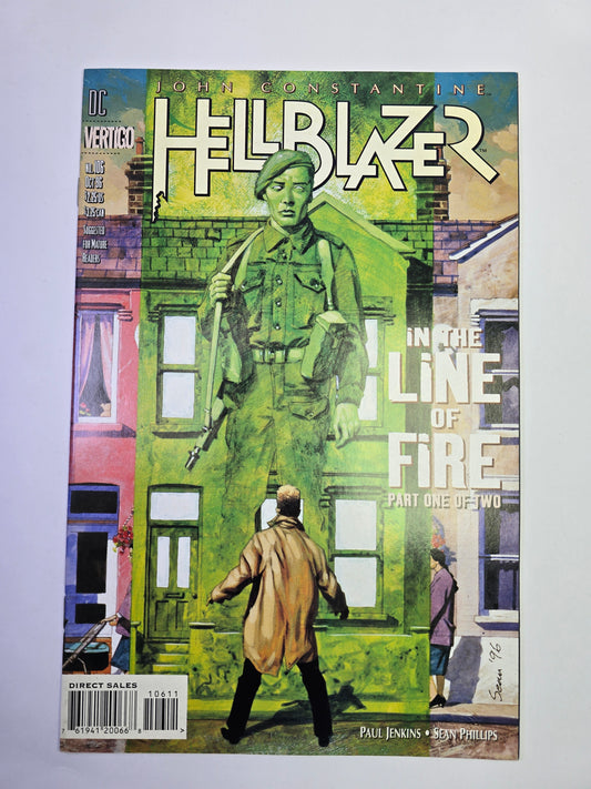 John Constantine Hellblazer #106 Vertigo komikso viršelis su kario ir namo iliustracija