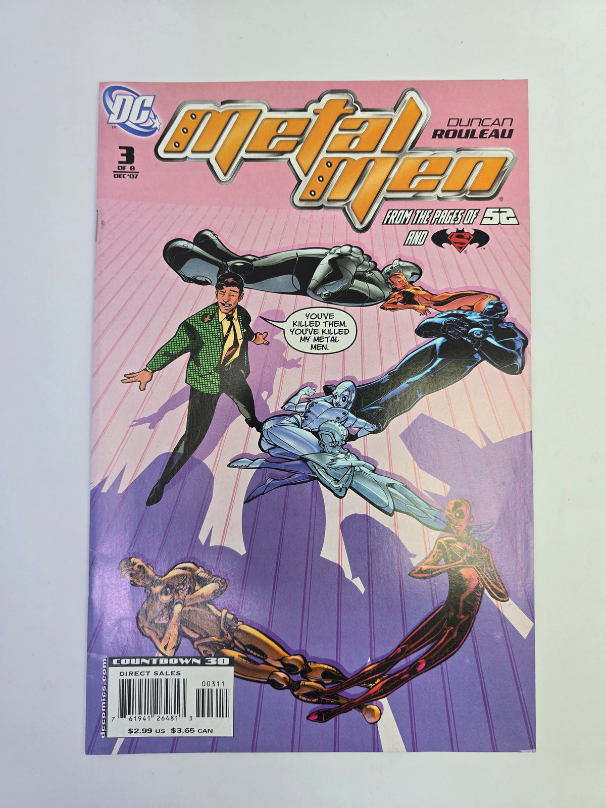 Metal Men #3 DC Comics komikso viršelis su Duncan Rouleau pavarde ir herojų figūromis