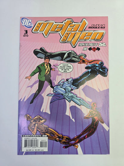 Metal Men #3 DC Comics komikso viršelis su Duncan Rouleau pavarde ir herojų figūromis