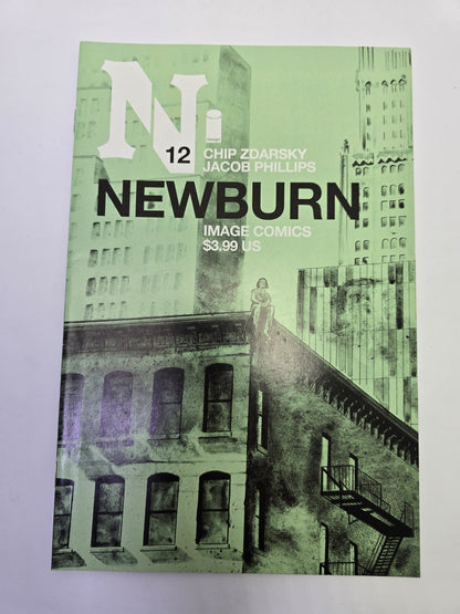 Newburn #12 Image Comics komikso viršelis su pastato iliustracija   