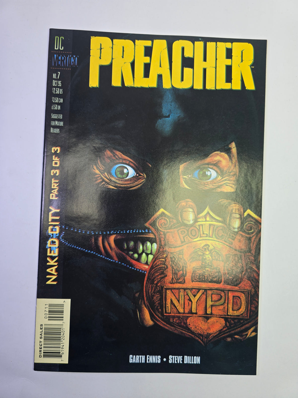 Preacher #7 Vertigo komikso viršelis su NYPD ženkliuko iliustracija