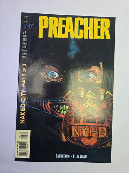 Preacher #7 Vertigo komikso viršelis su NYPD ženkliuko iliustracija