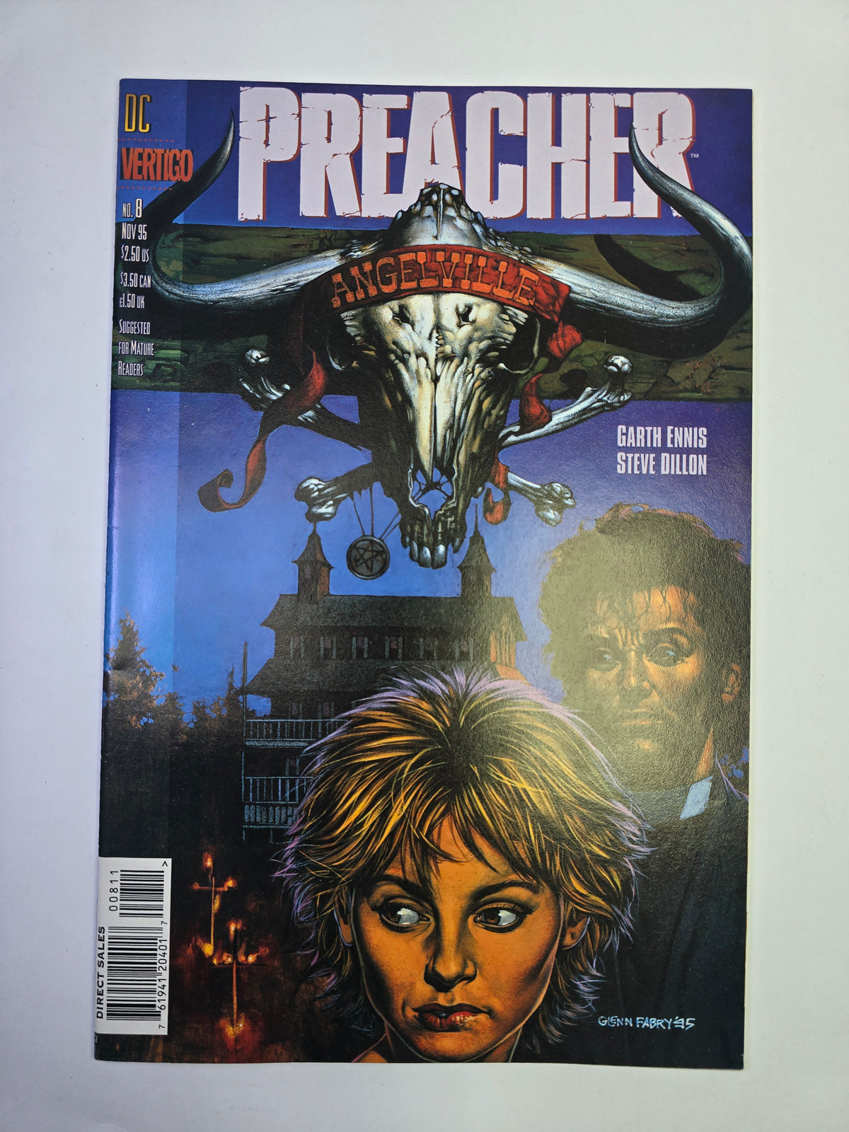 Preacher #8 Vertigo komikso viršelis su Angelville užrašu ir kauke