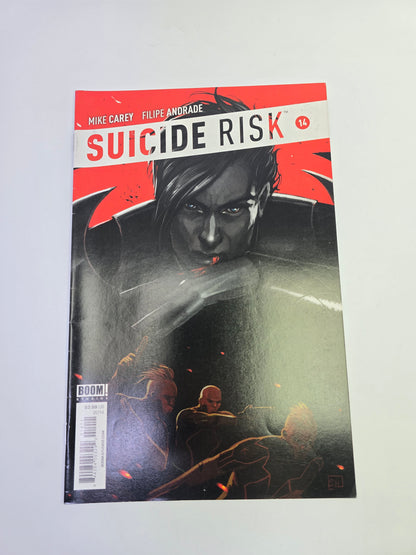 Suicide Risk #14 BOOM! Studios komikso viršelis su Mike Carey ir Filipe Andrade pavardėmis   