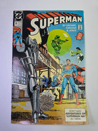 Superman #46 DC Comics komikso viršelis su Supermenu ir kaubojų elementais