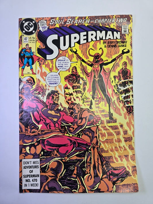 Superman #47 DC Comics komikso viršelis su Supermeno ir demonų kova ugnies fone