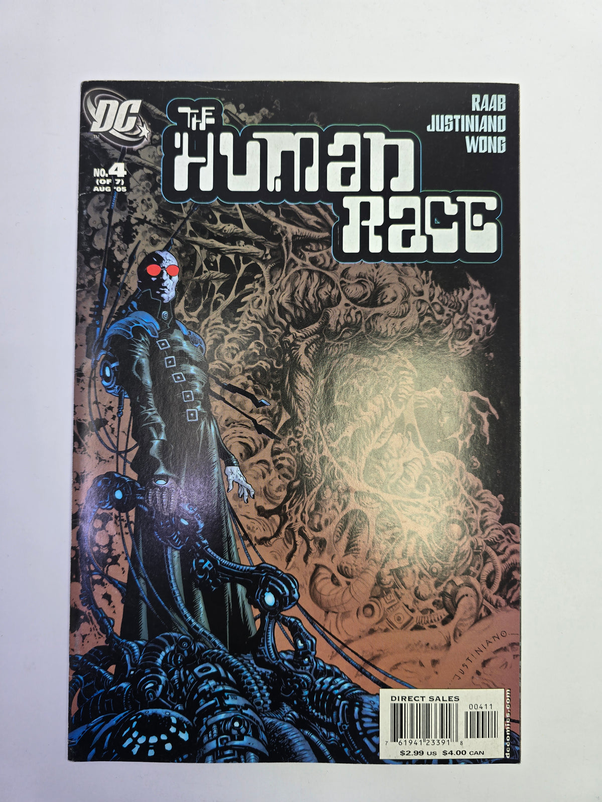 The Human Race #4 DC Comics komikso viršelis su Justiniano iliustracija