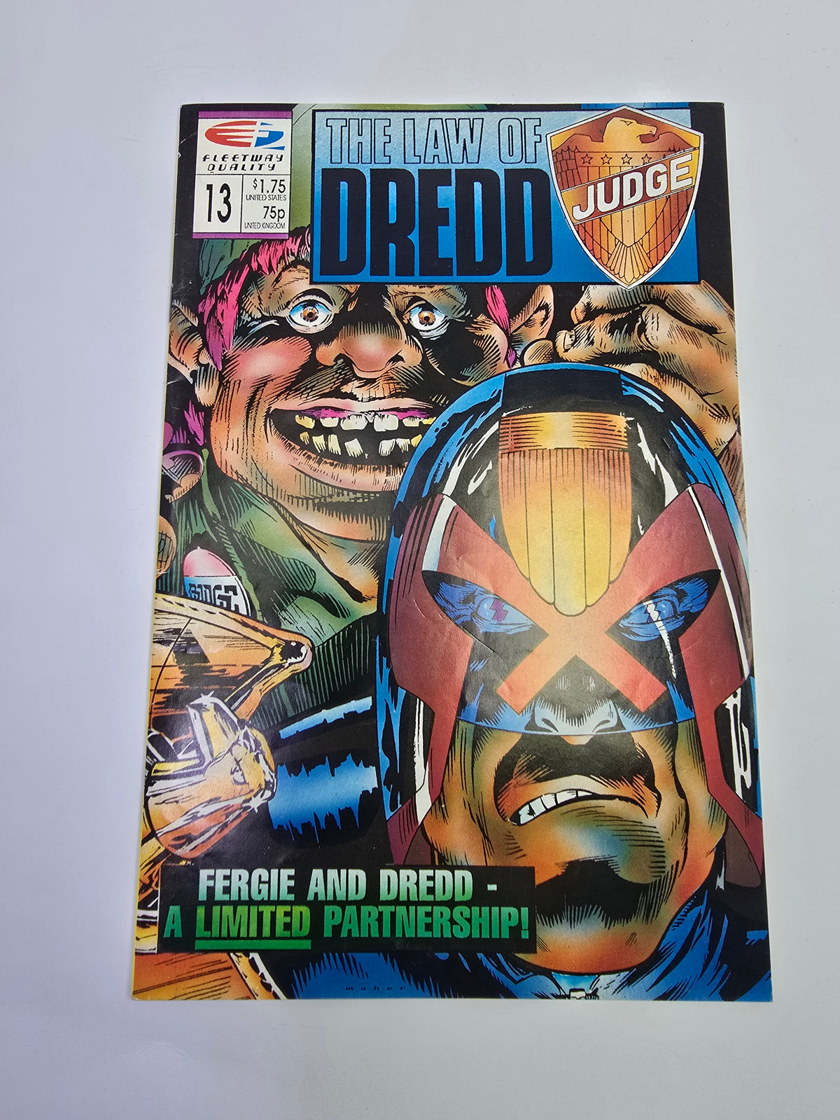 The Law of Judge Dredd #13 komikso viršelis su Judge Dredd veidu   