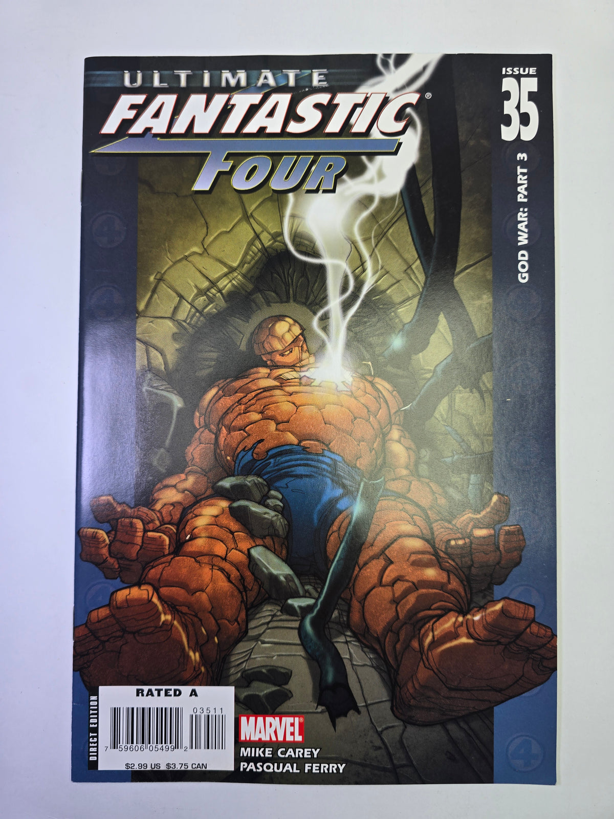 Ultimate Fantastic Four #35 Marvel Comics komikso viršelis su The Thing iliustracija