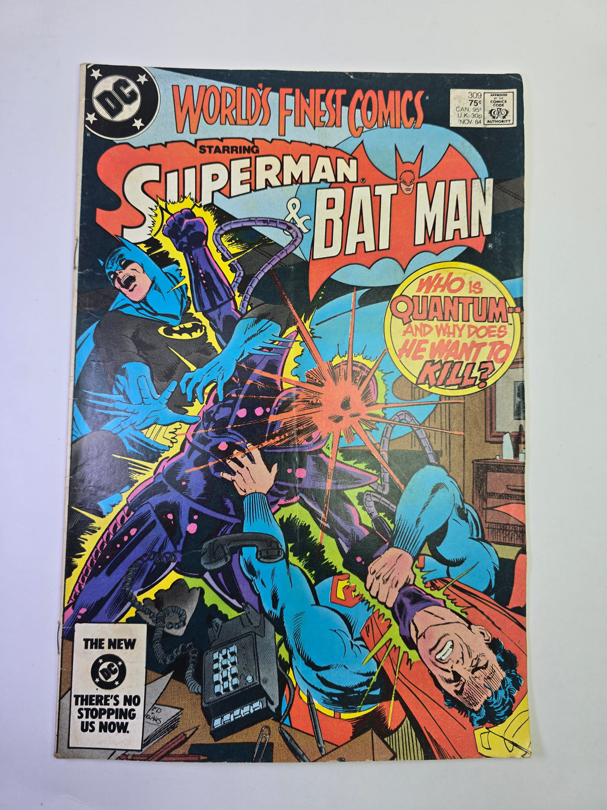 World's Finest Comics #309 DC Comics komikso viršelis su atakuojančiu Quantum bei Batman ir Superman