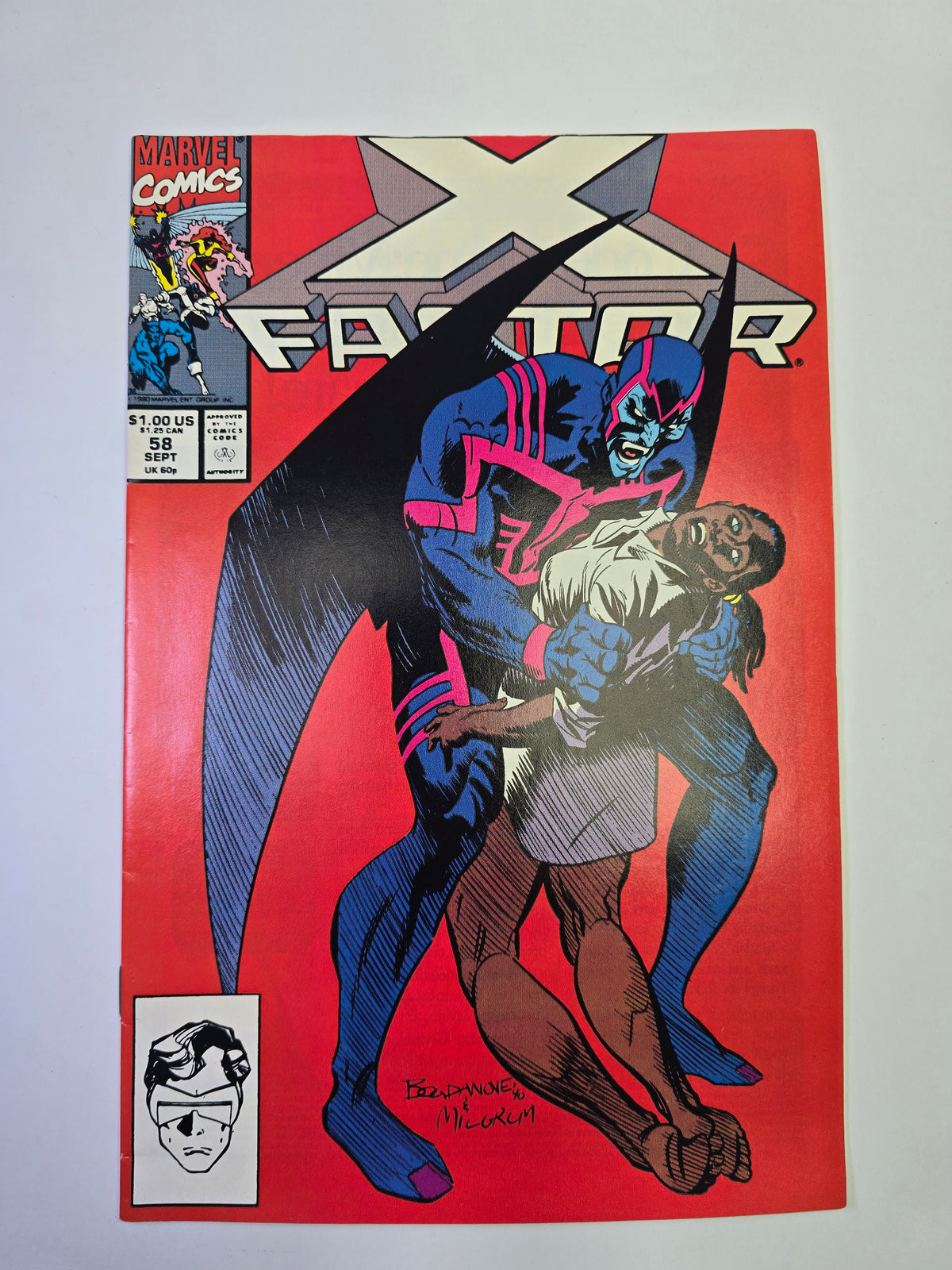 X-Factor #58 Marvel Comics komikso viršelis su Archangel iliustracija raudoname fone