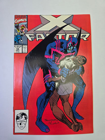 X-Factor #58 Marvel Comics komikso viršelis su Archangel iliustracija raudoname fone