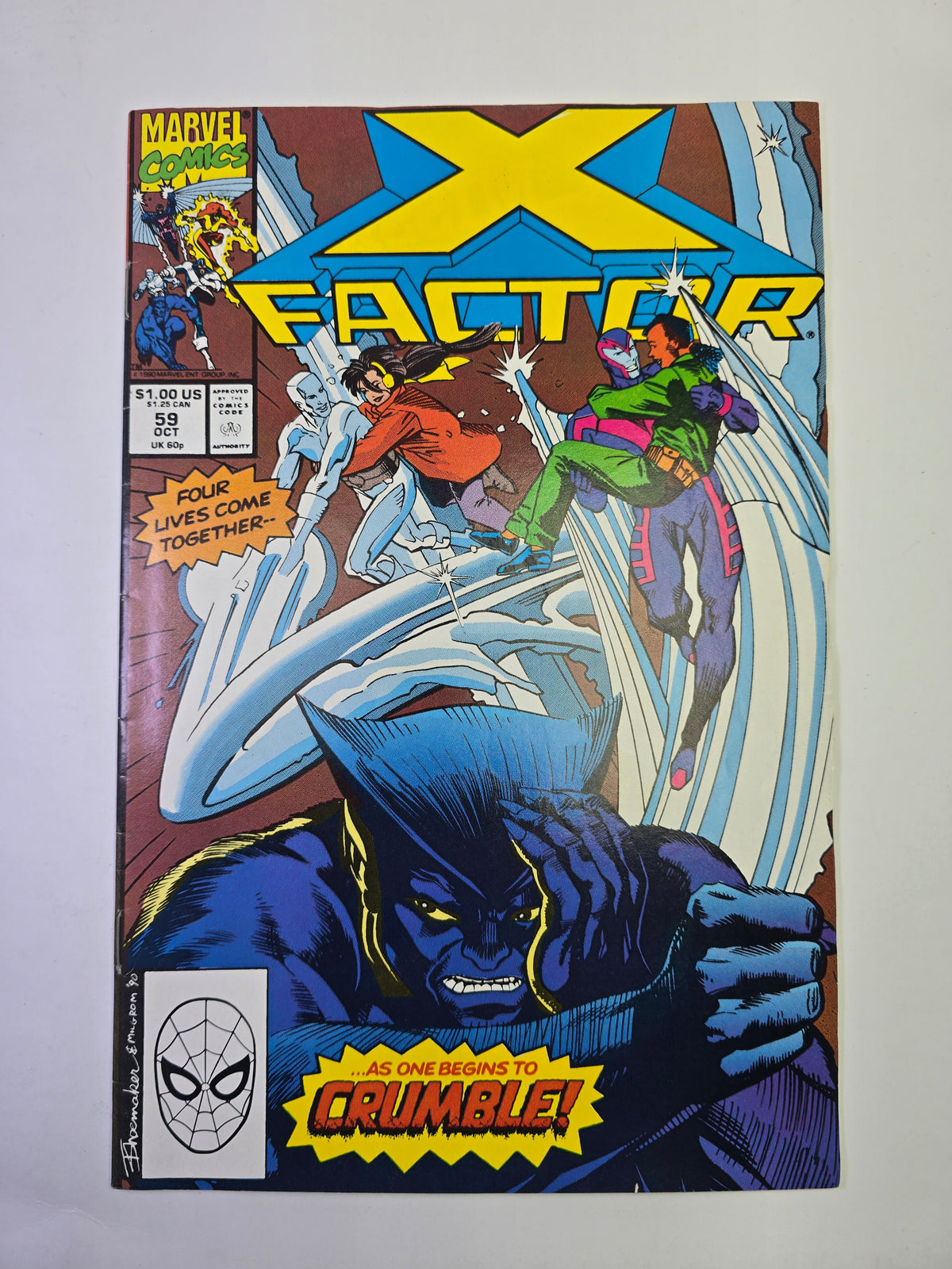 X-Factor #59 Marvel Comics komikso viršelis su mutantų kova ir Beast iliustracija