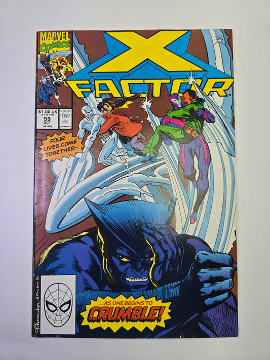 X-Factor #59 Marvel Comics komikso viršelis su mutantų kova ir Beast iliustracija