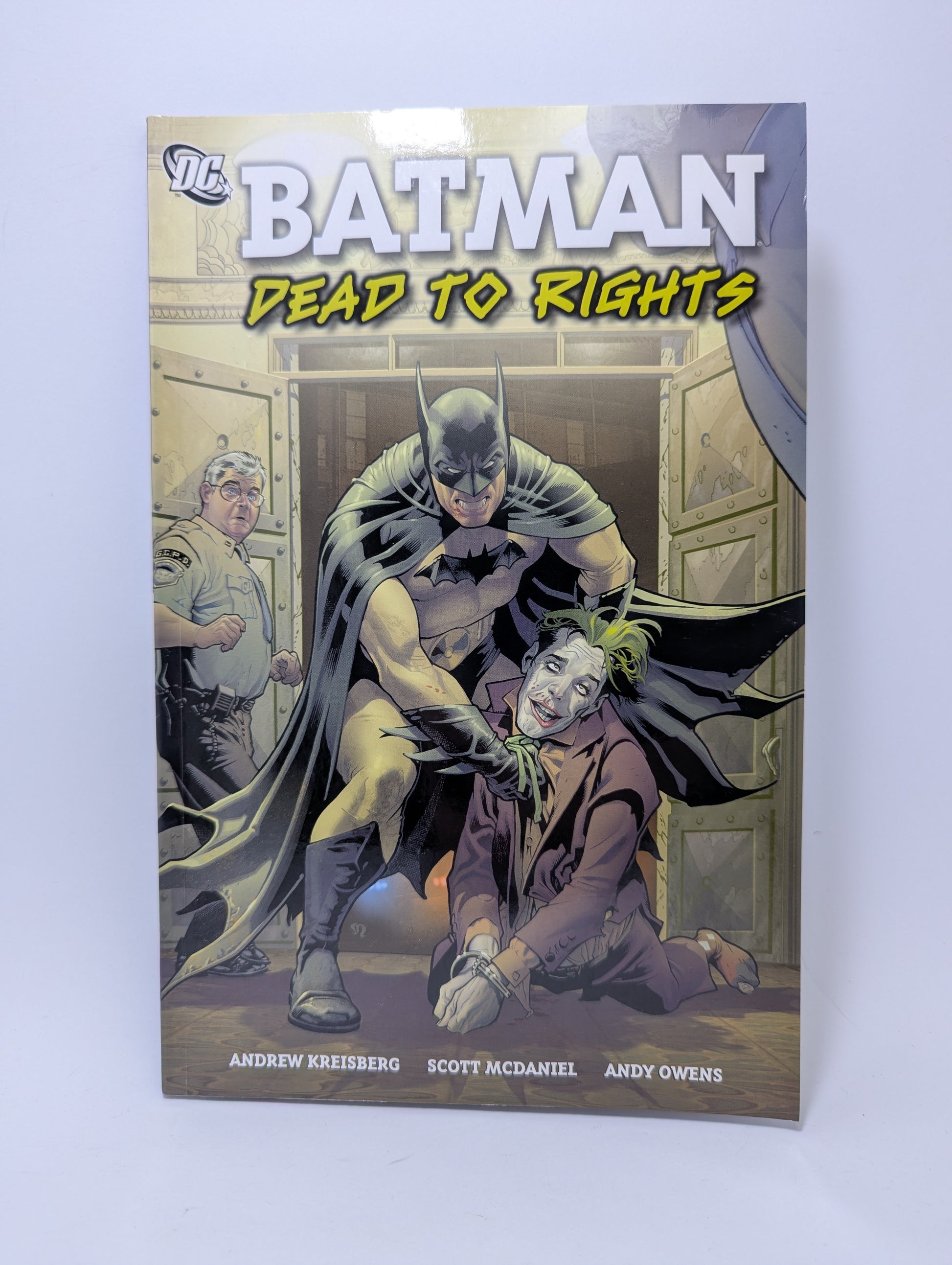 Grafinės novelės Batman: Dead to Rights viršelis su Tamsos riterio iliustracija Gotamo fone.