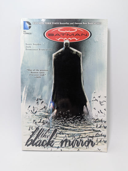 Grafinės novelės Batman: The Black Mirror viršelis su mistiška Gotamo detektyvo iliustracija.