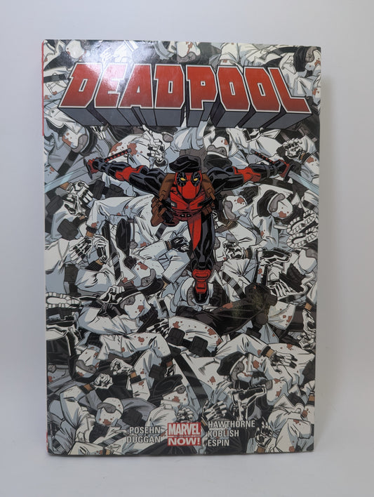Grafinės novelės Deadpool, Vol. 4 viršelis su Deadpool personažu ir veiksmo scena.