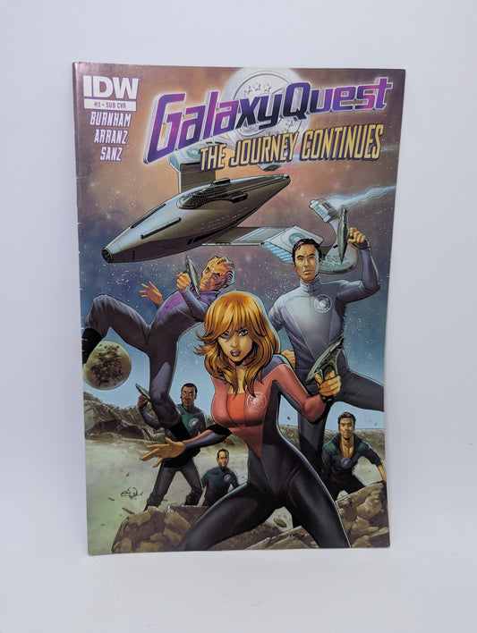 Komikso Galaxy Quest: The Journey Continues #3 (2015) viršelis su kosminio nuotykio iliustracija.