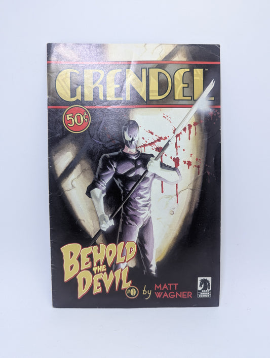 Komikso Grendel: Behold the Devil #0 viršelis su tamsios noir atmosferos iliustracija.