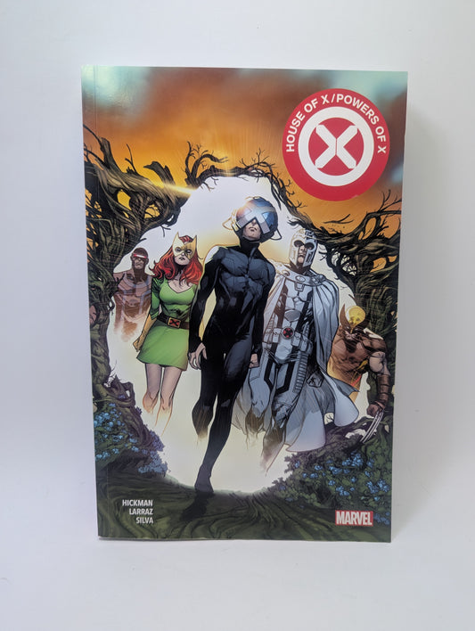 „House of X / Powers of X“ grafinės novelės viršelis su pagrindiniais X-Menų nariais ir Krakoa simbolika.