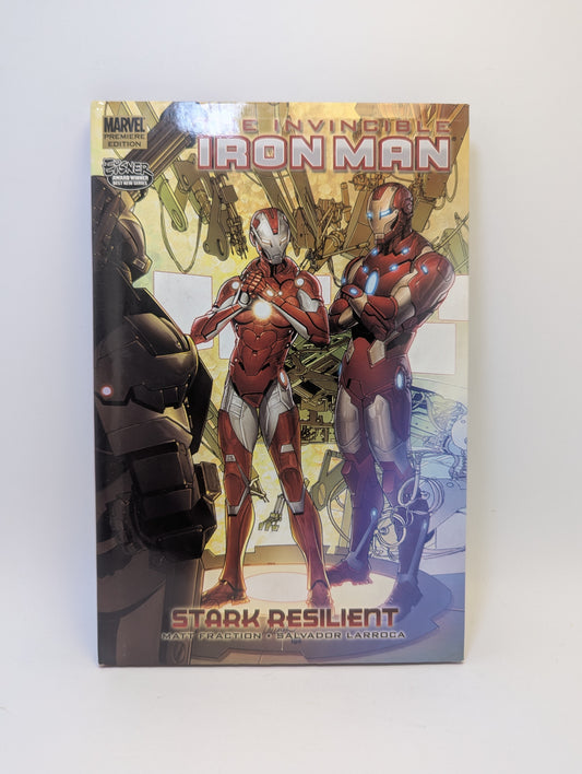 Grafinė novelė „Invincible Iron Man, Vol. 6: Stark Resilient, Book 2“ su Tony Starku ir futuristiniu „Iron Man“ kostiumo dizainu ant viršelio.