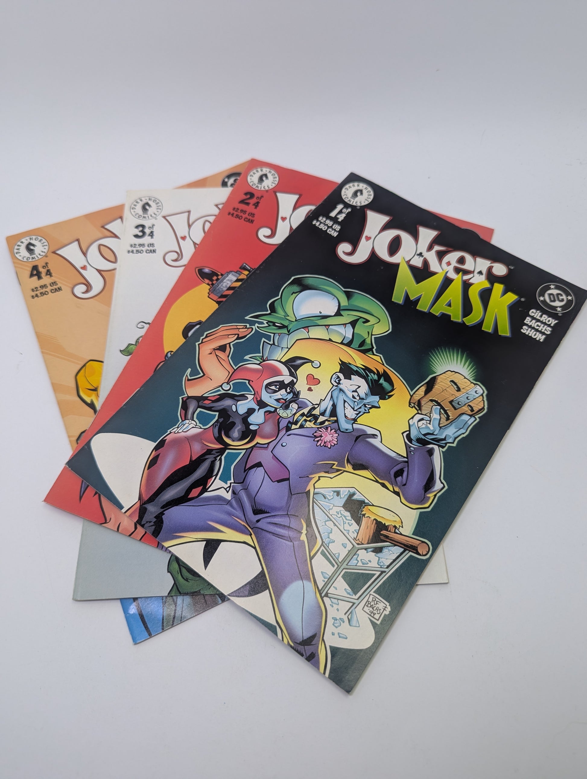 Komiksų rinkinio Joker / Mask #1–4 viršeliai su Jokerio ir The Mask personažais.