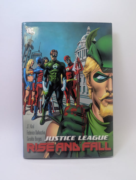 Justice League: Rise and Fall grafinės novelės viršelis su DC herojais ir dramatiška tematika.