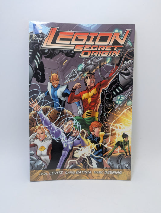 Legion: Secret Origin grafinės novelės viršelis, vaizduojantis Superherojų legiono narius kosminėje aplinkoje.