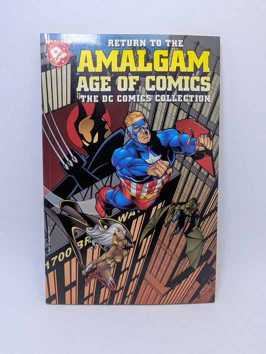 Return to the Amalgam Age of Comics grafinės novelės viršelis su DC ir Marvel herojų hibridais.