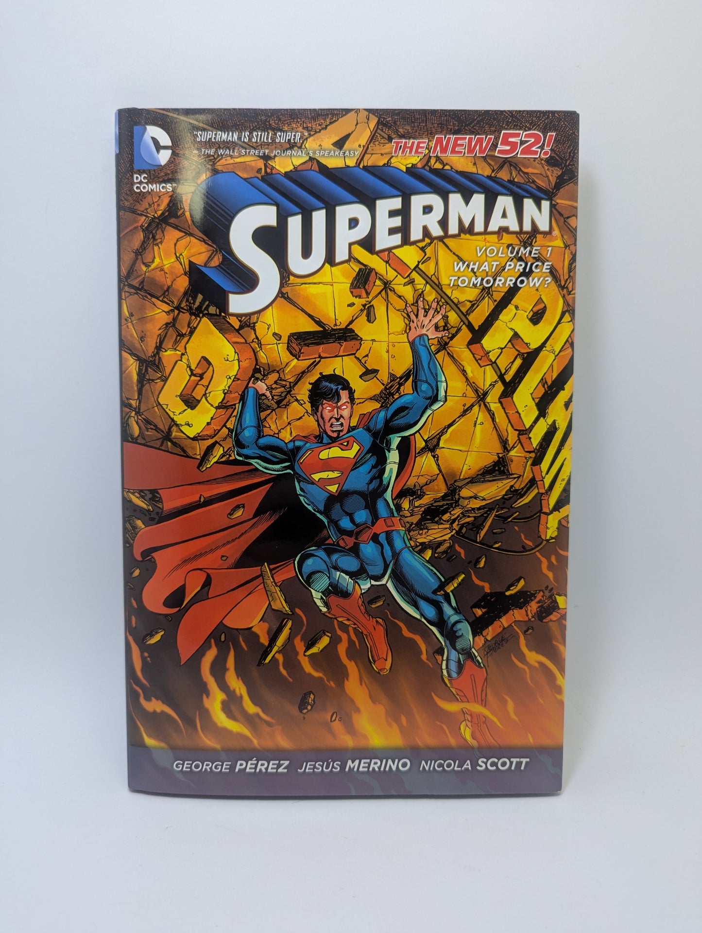 Superman: What Price Tomorrow?, Vol. 1 grafinės novelės viršelis, vaizduojantis Supermeną veiksmo sūkuryje.