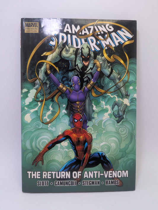 Grafinė novelė „The Amazing Spider-Man: The Return of Anti-Venom“ su Žmogumi-voru ir Anti-Venom personažu tamsiame, dinamiškame viršelio dizaine.