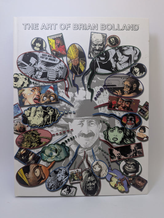 Meno knygos The Art of Brian Bolland viršelis su komiksų iliustracijomis ir piešinių detalėmis.