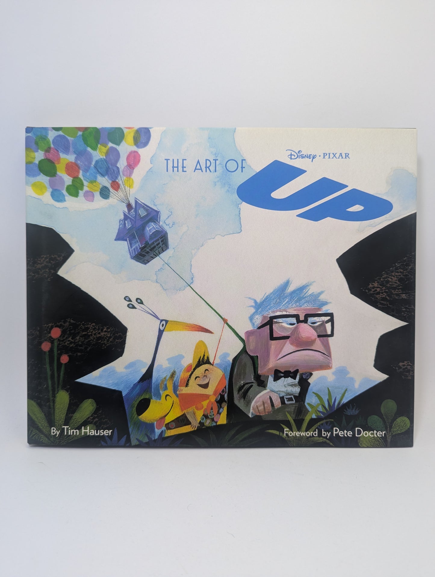 Knygos The Art of Up viršelis, vaizduojantis spalvingus animacinio filmo kūrimo eskizus.