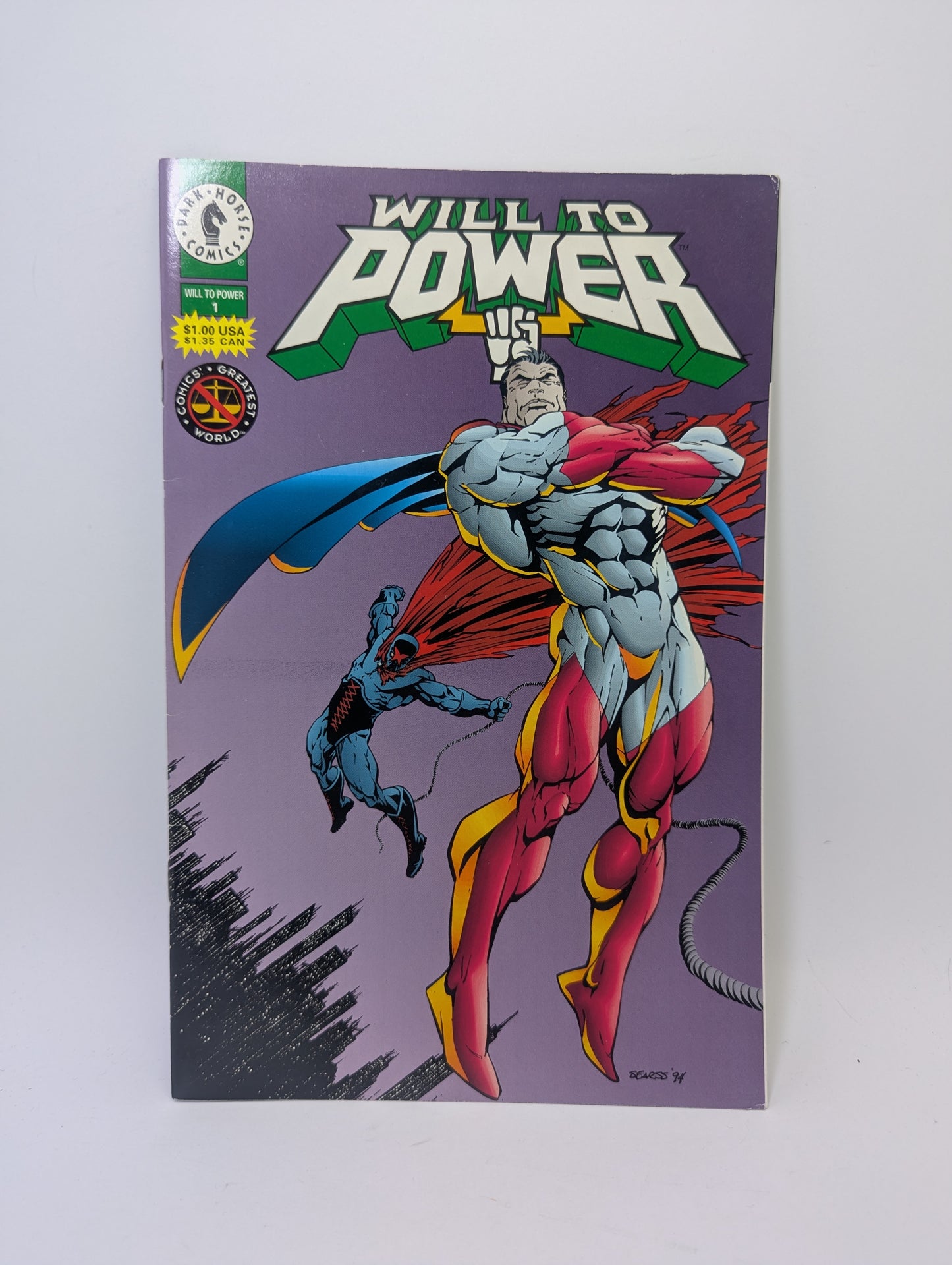 Komikso Will to Power #1 (1994) viršelis su distopinės mokslinės fantastikos iliustracija.